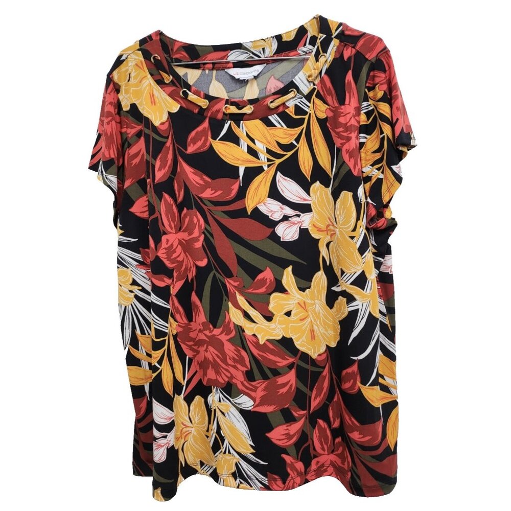 Liz Claiborne Womens Tunic Top Size XL‎ Orange Yellow Floral Short Sleeve Casual